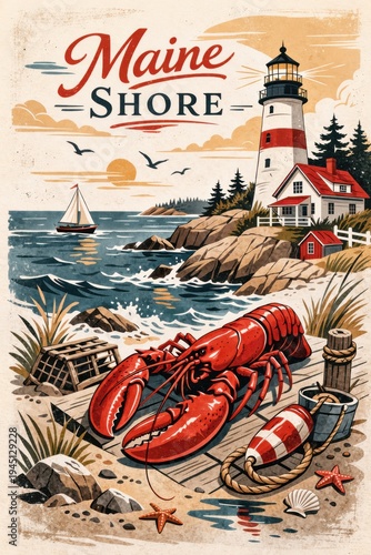 Maine lighthouse coastal scene with lobster traps on rocky shore vintage watercolor illustration