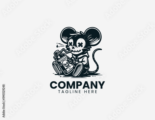The urban cartoon rat drinks poison from a green bottle with a skull label edgy