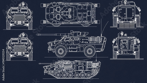 Armored Military Vehicle Blueprint Multi View Tactical Combat Transport Technical Diagram