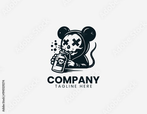 The urban cartoon rat drinks poison from a green bottle with a skull label edgy