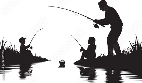 Black silhouette of man and two children fishing by riverbank