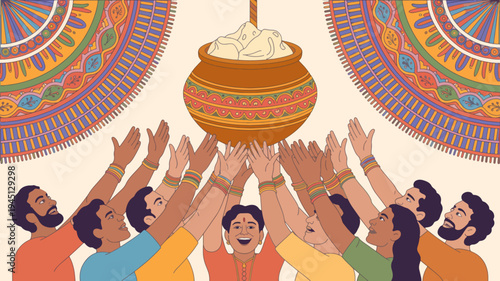 People celebrating with hands up reaching for a pot filled with rice or grain surrounded by vibrant circular decorations festive atmosphere