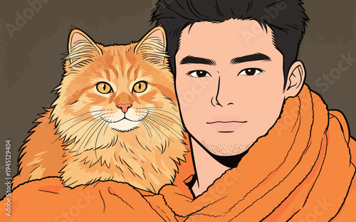 A young man sits indoors with a cat resting on his shoulder. He is wrapped in a blanket and smiles softly. The room is warm and inviting.
