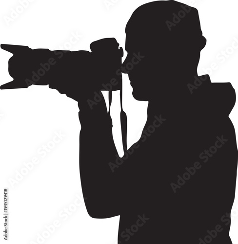 Black silhouette of man holding camera white background