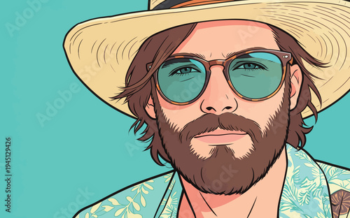 A man with a beard wears sunglasses and a straw hat. He stands against a bright background, smiling and relaxed.