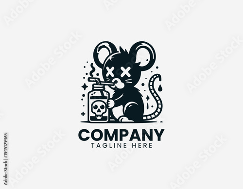 The urban cartoon rat drinks poison from a green bottle with a skull label edgy