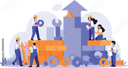 People working together to build and grow a business with tools and upward arrow