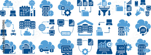 Cloud Computing and Data Management Icon Set. Duotone Style Icons Including database, storage, analytics, network, security, backup, synchronization, server, file transfer and monitoring systems