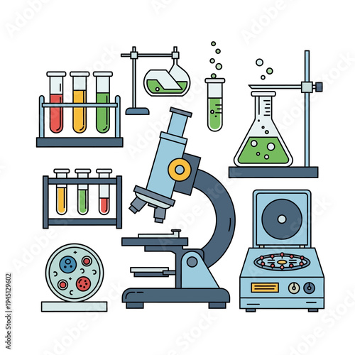 Science Laboratory Equipment: Microscope, Centrifuge, Test Tubes, Flasks, Petri Dish