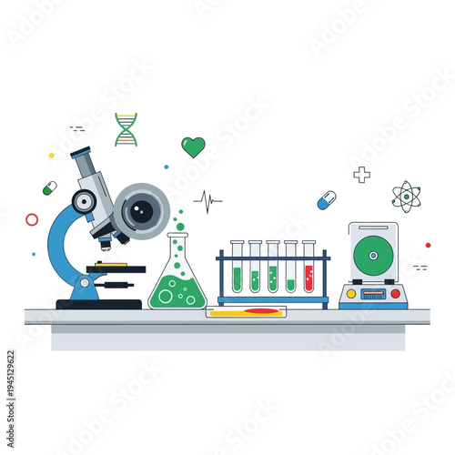Science Laboratory Equipment: Microscope, Flask, Test Tubes, Scale, DNA, Heart