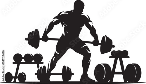 Black silhouette of man lifting dumbbells with weights on racks