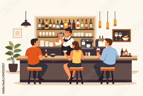 Flat vector illustration of a modern bar interior with a professional bartender shaking a cocktail for customers sitting on stools at the counter, enjoying drinks and socializing in a pub.
