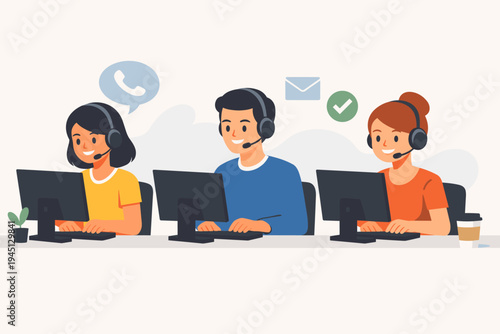Customer Service Support Team Working in Call Center with Headsets and Computers. Smiling Agents Providing Technical Help, Telemarketing, and Online Assistance. Flat Vector Illustration.