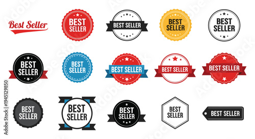 Best Seller badge collection, promotional typography design, retail branding emblem set, marketing logo concept, stylish lettering style, flat vector illustration