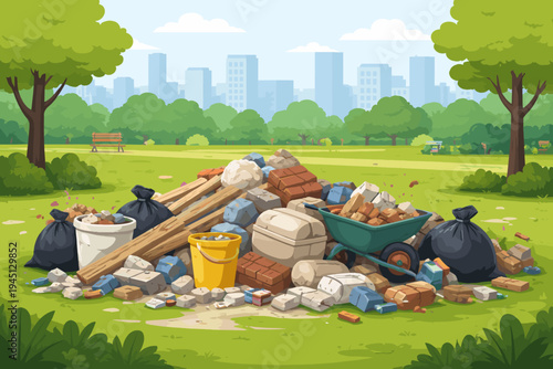 Construction Waste and Trash Dumped in a City Park, Illegal Dumping of Bricks, Wood, Garbage Bags, and Wheelbarrow in Green Urban Public Space, Environmental Pollution and Littering Illustration.
