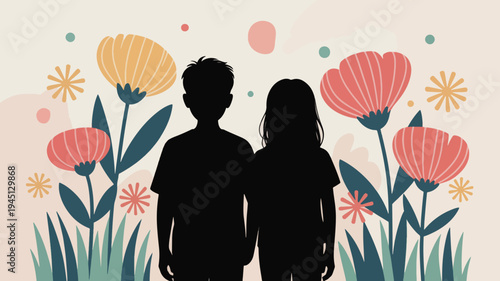 Silhouette of a loving couple standing together surrounded by vibrant flowers and lush greenery in a serene garden setting with soft lighting