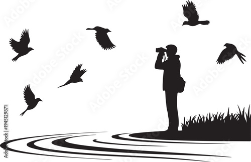 Black silhouette of man with binoculars watching flying birds by water