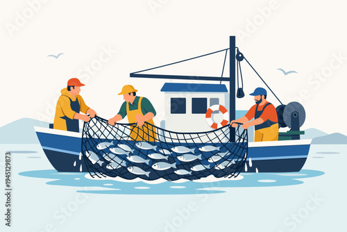 Professional Fishermen Pulling Large Net Full of Fresh Fish on a Commercial Fishing Boat in the Ocean, Flat Vector Illustration of Sea Harvest, Maritime Industry, and Fishery Occupation.