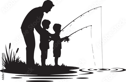 Black silhouette of man teaching two children to fish by pond