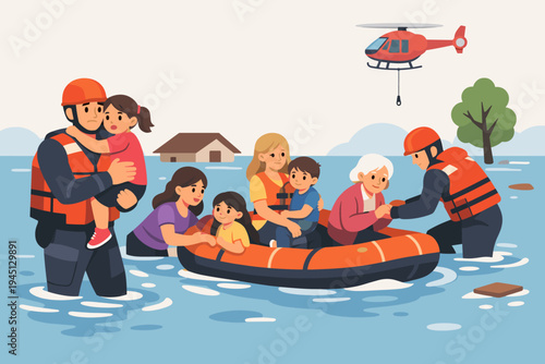 Flood Rescue Team Helping People During Natural Disaster. Rescuers in Life Vests Saving Children, Women, and Elderly from Flooded Area with Inflatable Boat and Rescue Helicopter Vector Illustration.