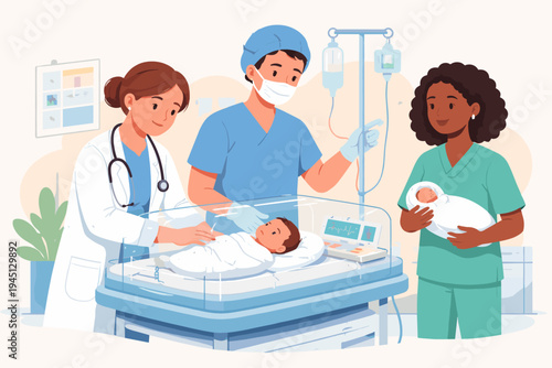 Medical team of doctors and nurses caring for newborn babies in a neonatal intensive care unit NICU with incubator and monitoring equipment, professional healthcare flat vector illustration.