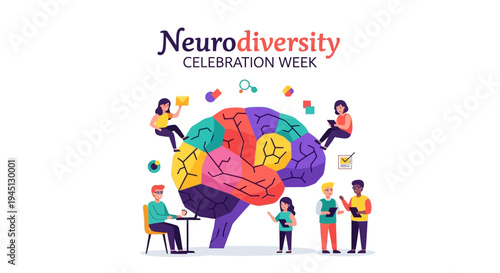 Illustration of diverse people celebrating Neurodiversity Celebration Week with colorful brain design and lively composition against a clean white background.