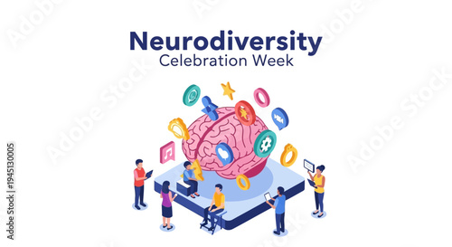 Illustration of people celebrating Neurodiversity Celebration Week with a brain and colorful symbols on a laptop, promoting neurodiversity awareness and acceptance with a joyful mood.