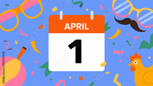 April fools' day celebration with colorful decorations and funny accessories on blue background