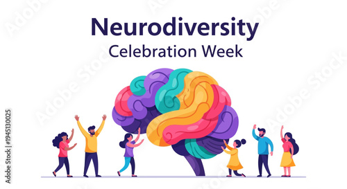 Illustration of diverse people celebrating Neurodiversity Celebration Week with a colorful brain vector graphic, promoting awareness and acceptance on a white background with vibrant hues.
