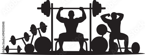 Black silhouette of two men weightlifting with dumbbells and barbells
