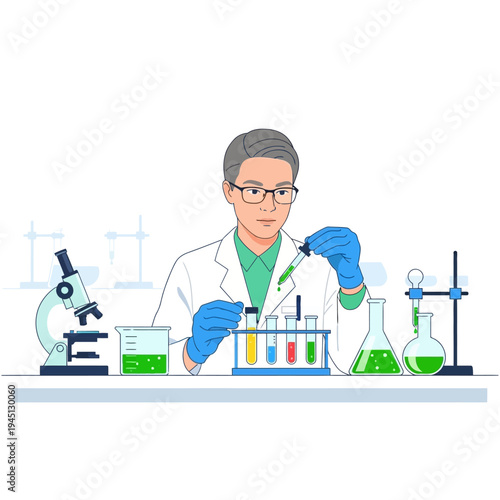 Scientist conducting experiment with colorful liquids in test tubes and microscope in laboratory