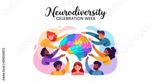 Illustration of diverse people celebrating Neurodiversity Celebration Week with a colorful globe surrounded by vibrant shapes in a lively vector design.