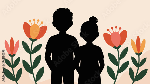 Silhouettes of a man and woman standing together surrounded by vibrant orange flowers on a peach background