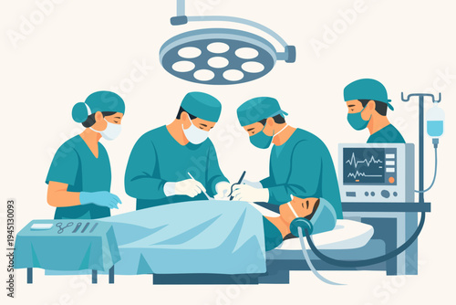 Team of Professional Surgeons and Medical Staff Performing Surgery on a Patient in a Modern Operating Room with Advanced Equipment, Flat Vector Illustration of Healthcare and Hospital Scene