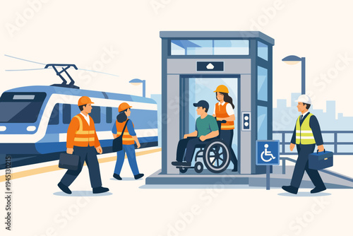 Modern electric train station featuring an elevator for disabled access and inclusive infrastructure. Workers in safety gear assist a person in a wheelchair near a high-speed commuter train.