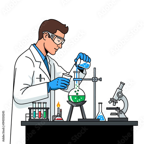 Scientist conducts experiment with flask, microscope, and test tubes on laboratory bench