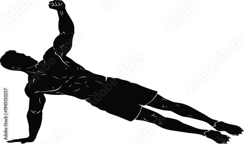 Strong Athletic Man Performing Side Plank Exercise in Black Silhouette Isolated on White Background for Fitness Concept