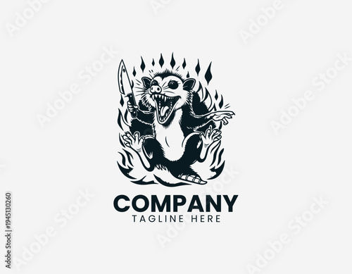 The screaming opossum character holds a sharp kitchen knife for funny streetwear design edgy