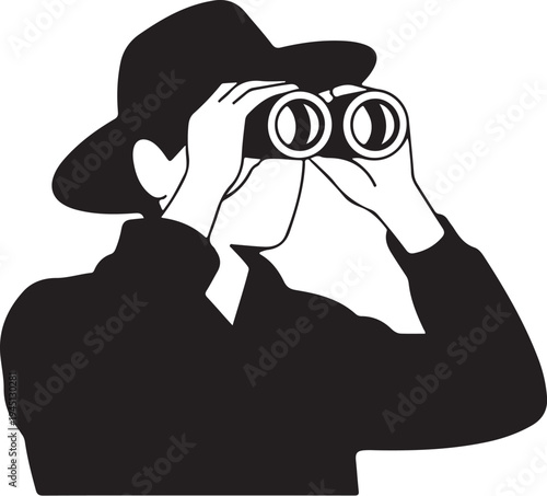 Black silhouette person wearing hat looking through binoculars