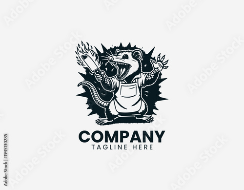 The screaming opossum character holds a sharp kitchen knife for funny streetwear design edgy