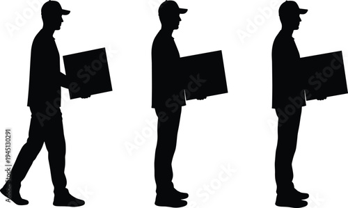 Three Male Delivery Silhouettes Walking and Holding Boxes Isolated on White Background for Logistics Business Concepts