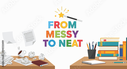 From messy to neat desk transformation illustration featuring organization concept, productivity improvement, workspace cleanup, motivational design, flat vector illustration