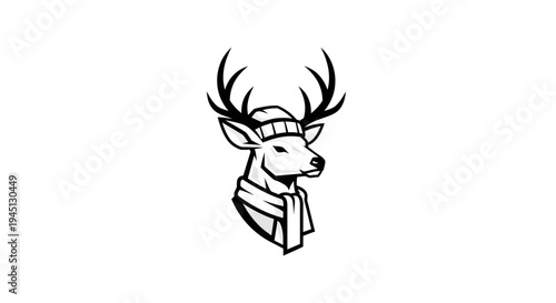 Stylish deer head with winter hat and scarf, monochrome illustration for cold season