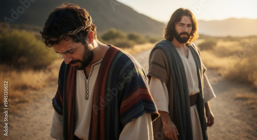 Two men walking on a dirt road in a desert landscape at sunset  