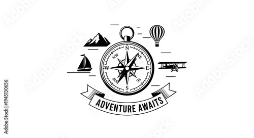 Vintage Adventure Awaits Compass with Travel Icons - Exploration Journey Concept