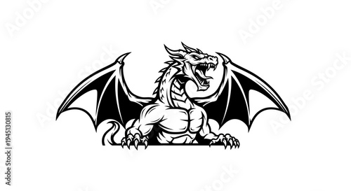 Fierce Mythical Dragon with Spread Wings, Black and White Graphic Mascot Illustration