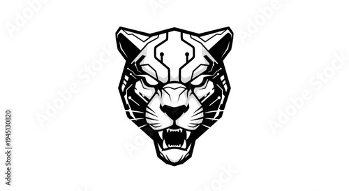 Fierce Cybernetic Tiger Head Illustration: Modern Geometric Feline Design