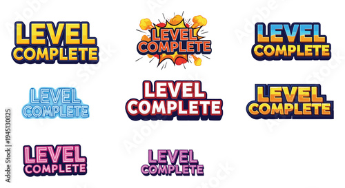 Level complete badge design collection featuring gaming graphics, celebratory typography, achievement icons, success branding, colorful styles, flat vector illustration