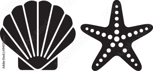 Black silhouette starfish and scallop shell white background