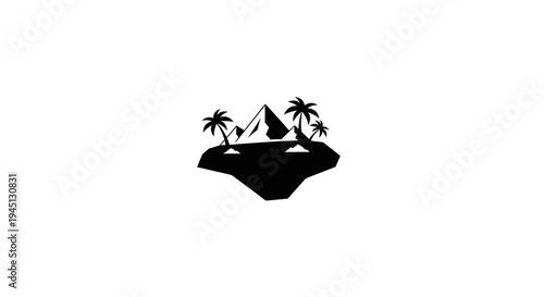 Floating tropical island silhouette with mountain and palm trees